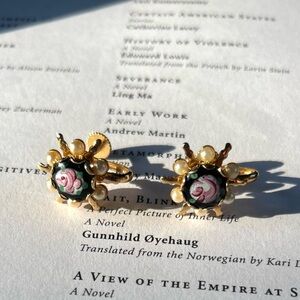 Elegant Gold and Black Cloisonné Floral Earrings